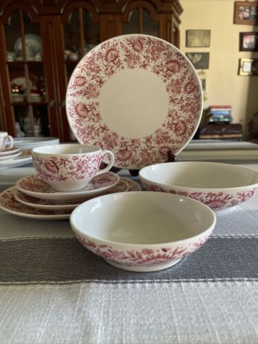 Carefree True China By Syracuse Mayflower Pattern Red Flowers 7 Piece Setting