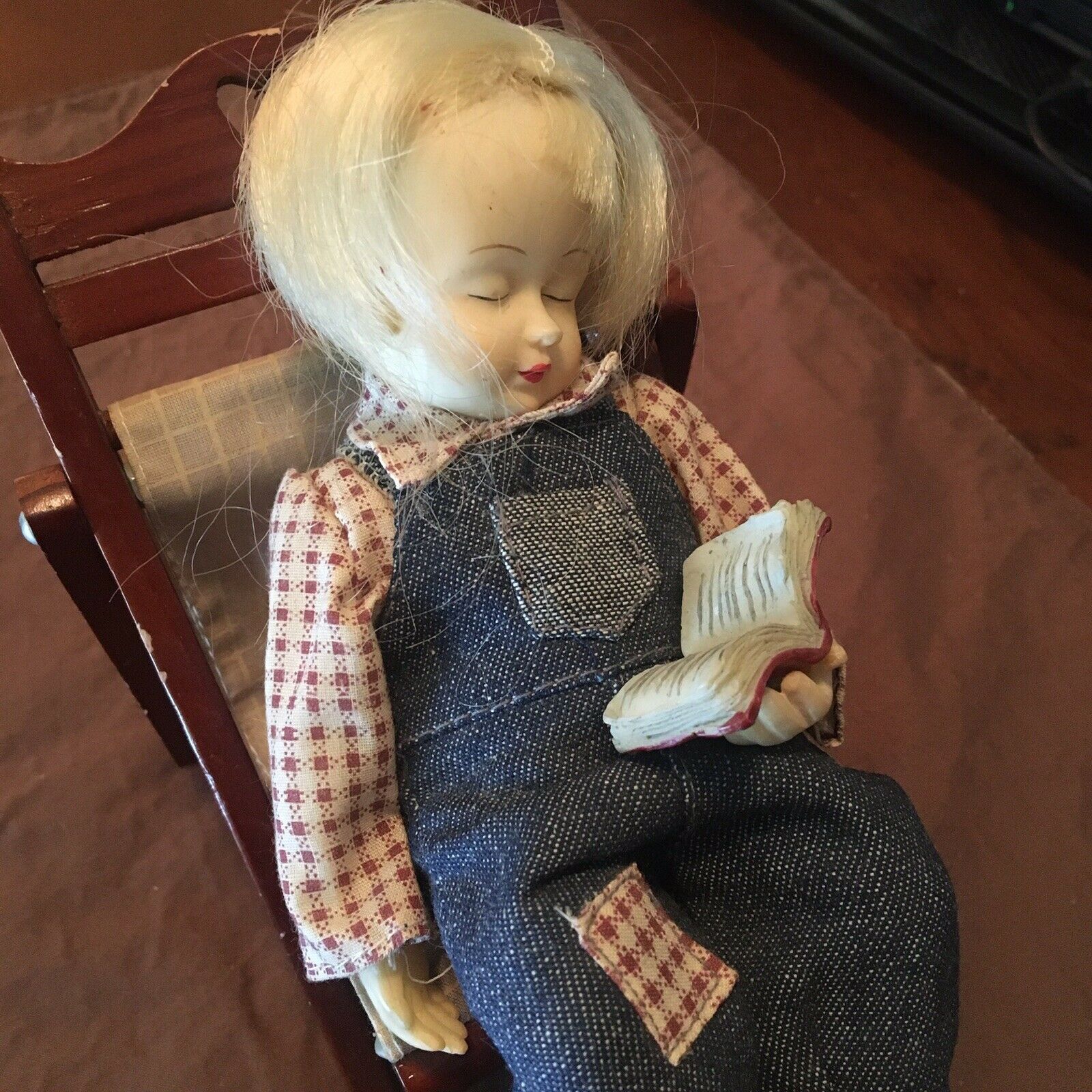 Porcelain Doll Girl In Lawn Chair With Story Book. Heavy, 8”doll.