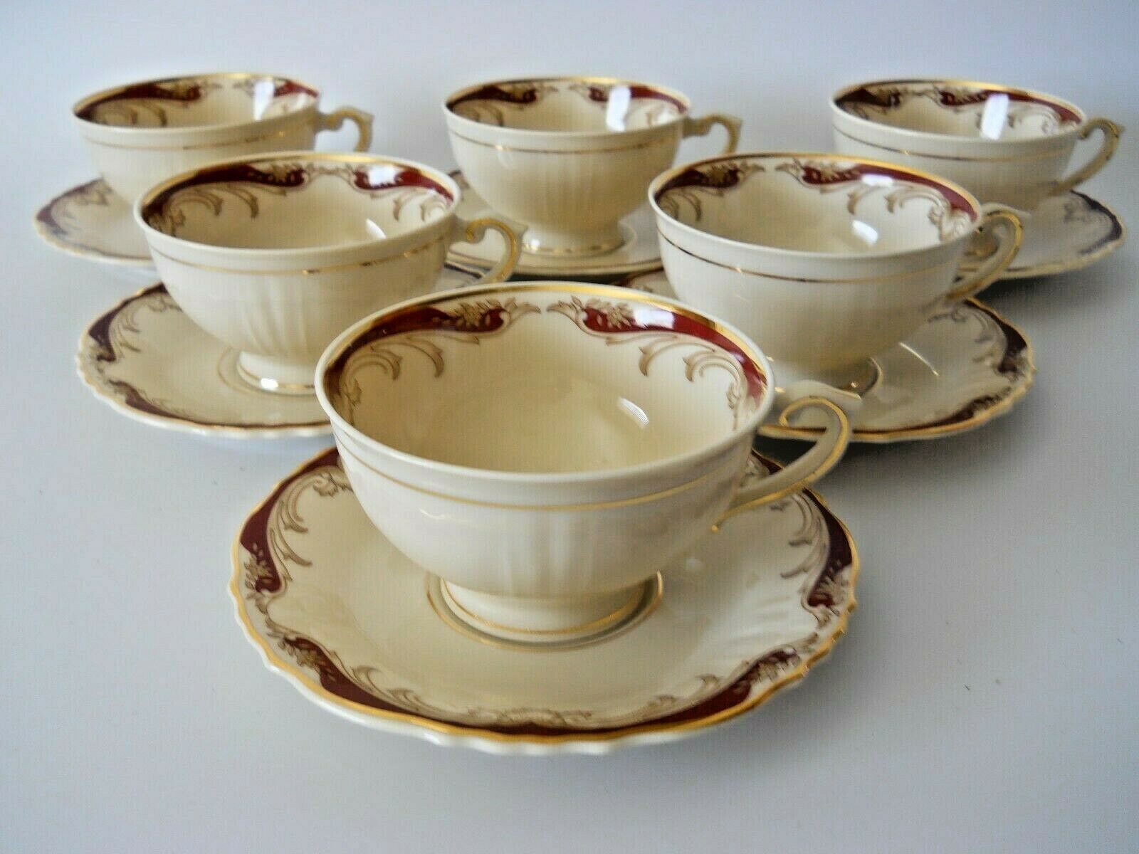 Syracuse China *radcliffe* Federal Shape Maroon (6) Cup & Saucer Sets C.1949-67
