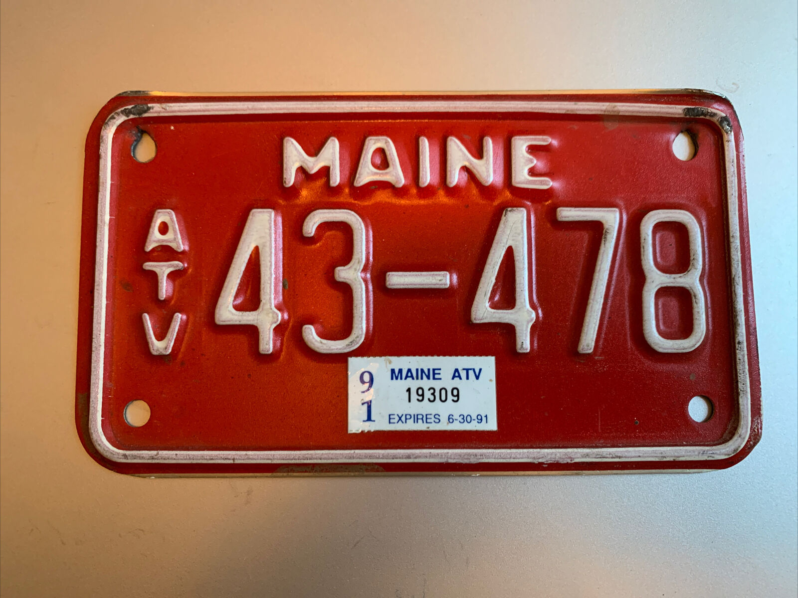1991 Vintage Maine Atv License Plate  Tag #43-478🏍